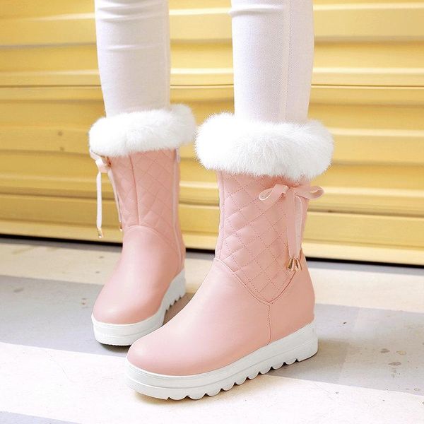 

boots ladies sweet bowknot mid calf winter fashion warm plush lining increased snow zipper platform flat women's shoes, Black