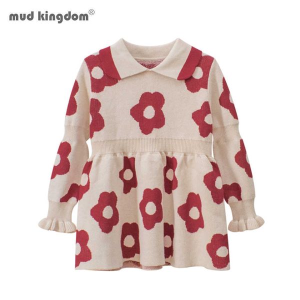 

mudkingdom girls dress fashion ruffled lapel kids clothes cute flower patter long sleeve dresses 210615, Red;yellow