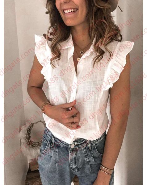 

ruffle blouse women button feminine blouse shirt female elegant sleeveless fashion woman blouses 2021 summer solid ladies top, White