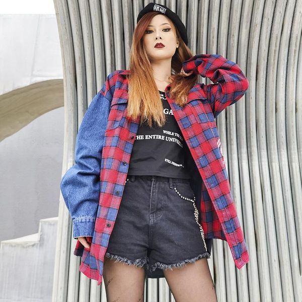 

women's jackets spring autumn plaid shirt plus size denim spliced blouse turn down collar thin outfit, Black;brown