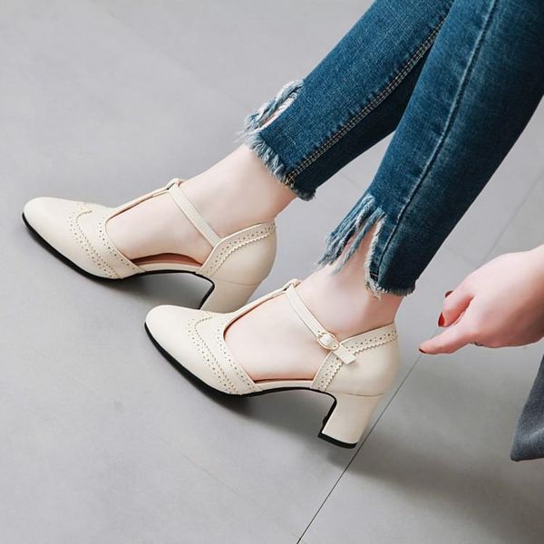 

plus size 9  11 12 high heels sandals women shoes woman summer ladies coarse-heeled t-belt pointed shallow sandals, Black