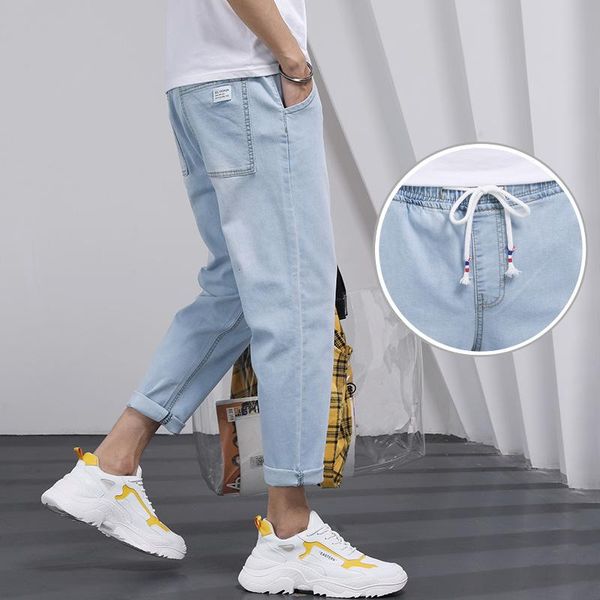 

summer 2021 drawstring men's stretch elastic waist jeans trendy cropped jeans men's blue teenagers casual pants