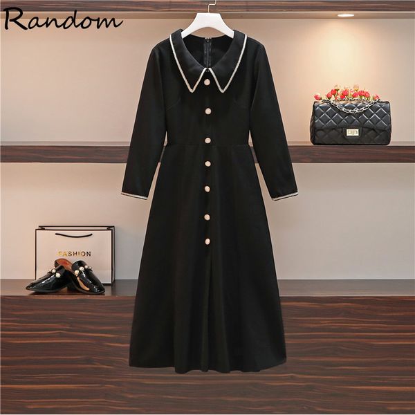 

plus vintage female size 90s midi party dress autumn 2021 new long sleeve single black breasted line dressed big cloth eeew, Black;gray