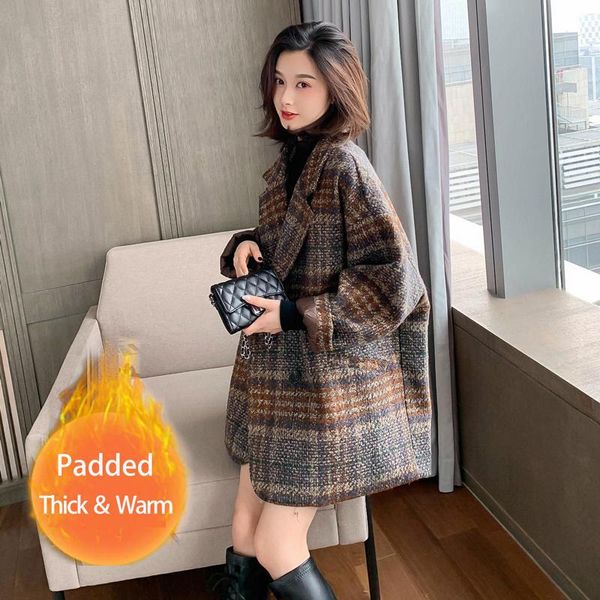 

women's wool & blends wenfly women winter korean plaid vintage woolen loose coats female double breasted turn-down collar thick warm ov, Black