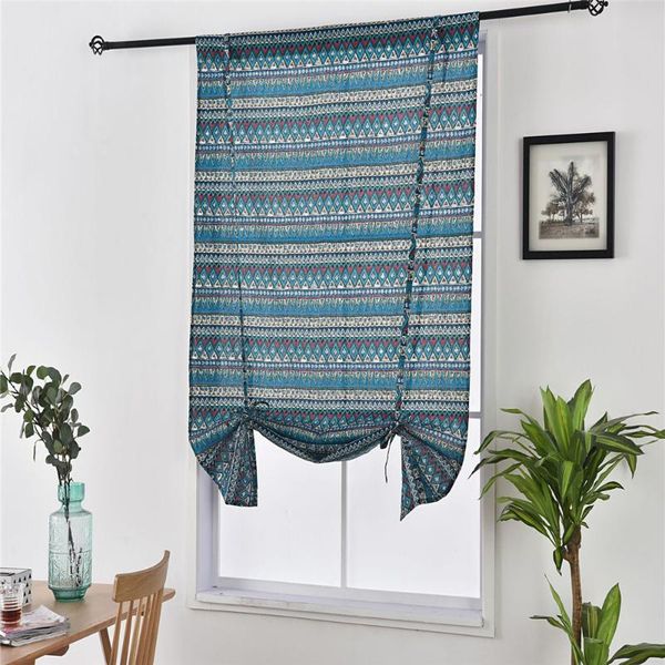 

mediterranean style geometric printing cotton linen curtain with rope roman blind