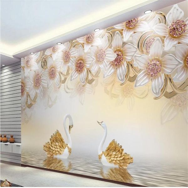 

wallpapers wallpaper for walls 3 d living room 3d stereo jewelry flower swan tv background wall