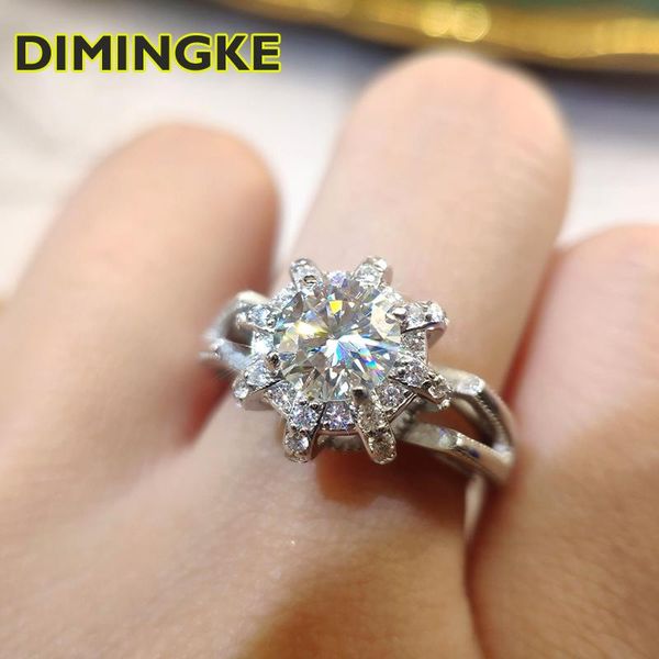 

cluster rings dimingke real 1ct 6.5mm moissan diamond crown ring gra certificate s925 sterling silver super flash party queen jewelry, Golden;silver