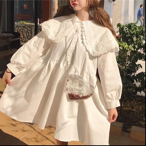 

japanese harajuku women white black dress double layer lace collar anime kawaii dress lolita style mori girl oversize cute dress, Black;gray