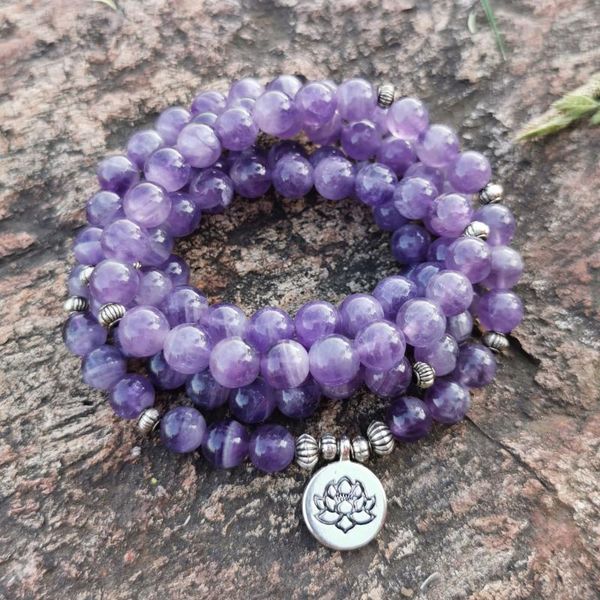 

charm bracelets 108 beads 8mm natural purple crystal with lotus om buddha bracelet stone jewelry women & necklace, Golden;silver