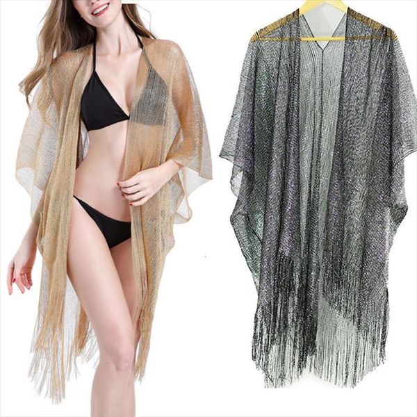 

summer metallic glitter solid color womens blouses swimsuit cover up long tassels asymmetric hem kimono cardigan sheer knitted sunscreen, White