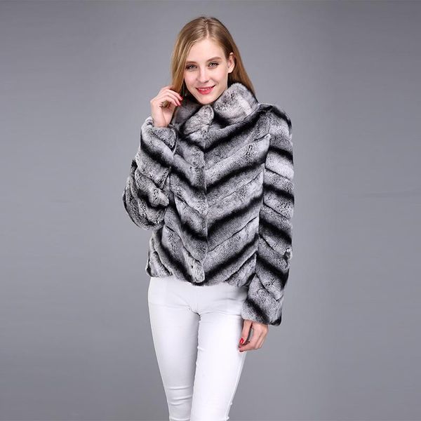 

women's fur & faux 2021 women real natural rex coat 100% genuine chinchilla color winter jacket, Black
