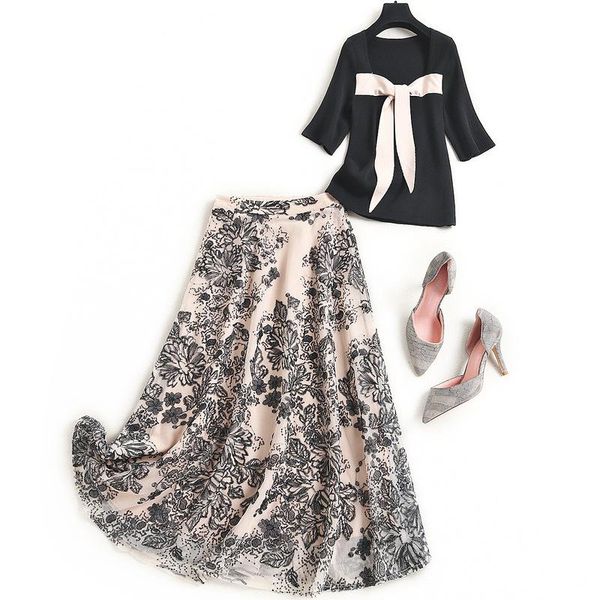 

women girls cute color block bowknot square collar knitted and floral embroidery mesh skirt two piece set 2021, White