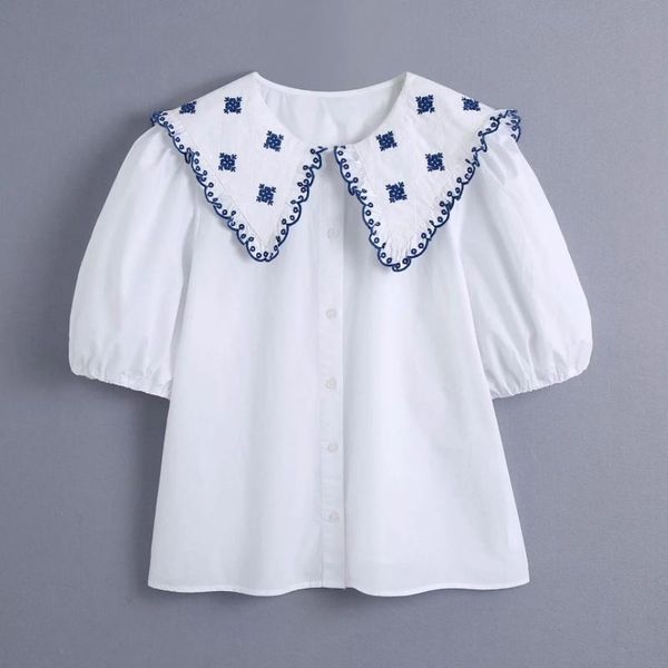 

women's blouses & shirts summer women embroidery sailor collar white shirt female puff sleeve blouse casual lady loose blusas s8913