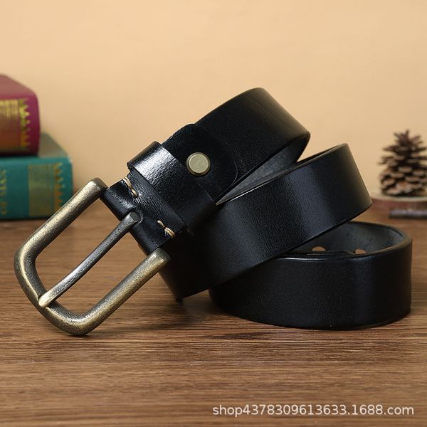 

cowhide thickened pure copper pin buckle belt mens genuine leather retro trendy versatile youth casual pants no. 2, Black;brown