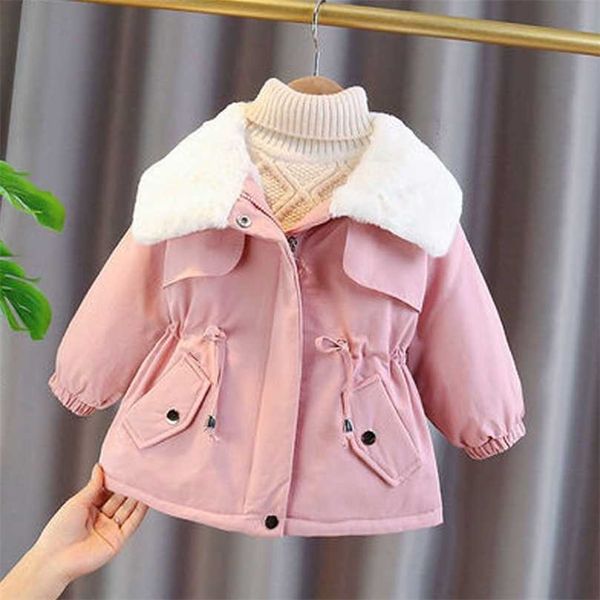 Winter Warme Kinder Mantel Taille Rückzug Plüsch Baumwolle Oberbekleidung Faux Pelz Kinder Kleidung Baby Jacke für Mädchen 211027