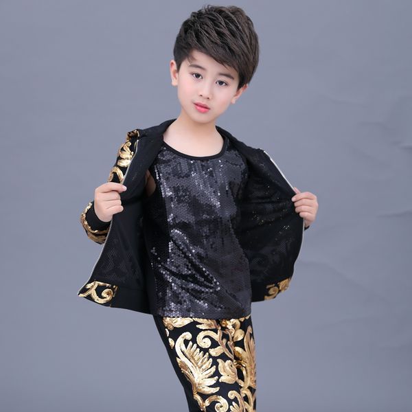 

2021 new jazz costumes golden sequined jacket pants boys dance outfit street dancewear trend model catwalk show hip hop clothes, Black;red