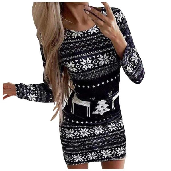 

casual dresses fashion 2021 women's sweater bodycon dress christmas o-neck print long sleeve bodycons mini roupas, Black;gray