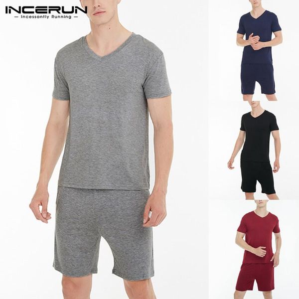 

sleepwear home suit pajamas short sleeve pajamas set 2021 man nightgowns comfortable v-neck solid color t shirt 5xl incerun, Black;brown