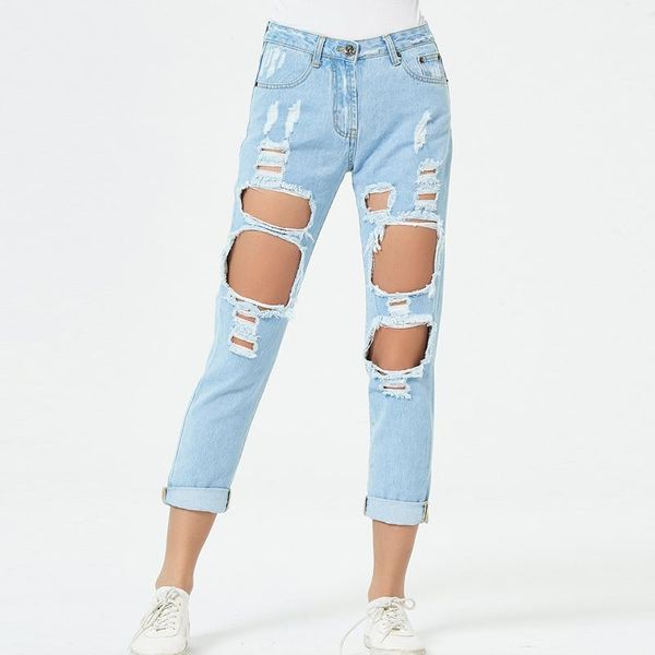 

women ripped jeans big hole straight leg pants trendy clothes wholesale slouchy denim trousers female boyfriend plus size street women', Blue