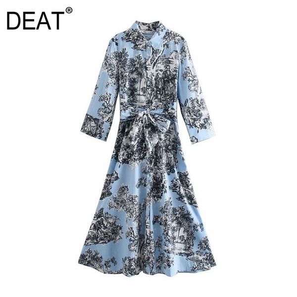 

[deat] spring fashion turn-down collar high waist knee-length single-breasted long sleeve printing dress 13c229 210527, Black;gray