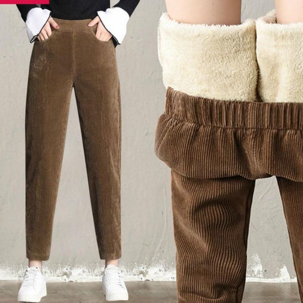 

women 2021 autumn winter add velvet corduroy pants female high waist harem pants ladies fashion casual slim office trousers g979, Black;white