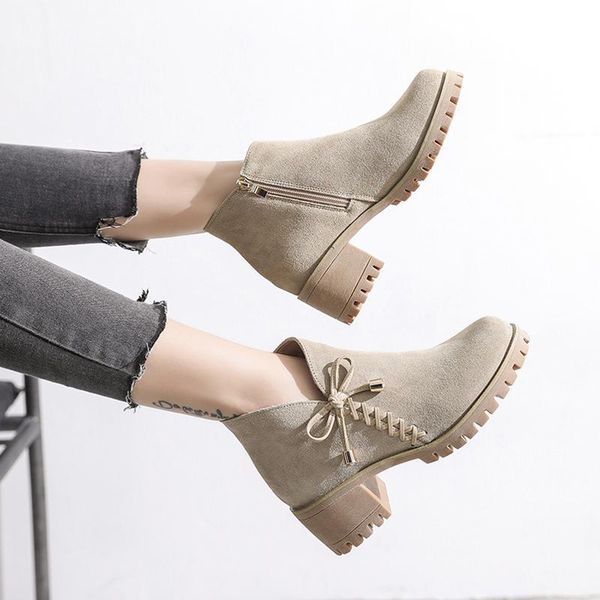 

boots womens ankle black apricot bowknot decoration high chunky heels shoes retro sweet round toe plush liner t50