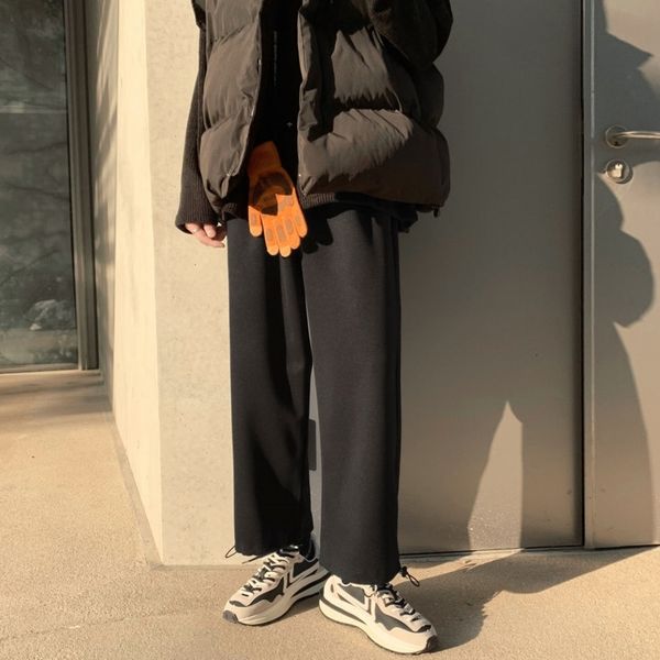 

2021 winter thick woolen men's warm fashion cotton casual men streetwear style straight wide leg pants mens 6876, Black