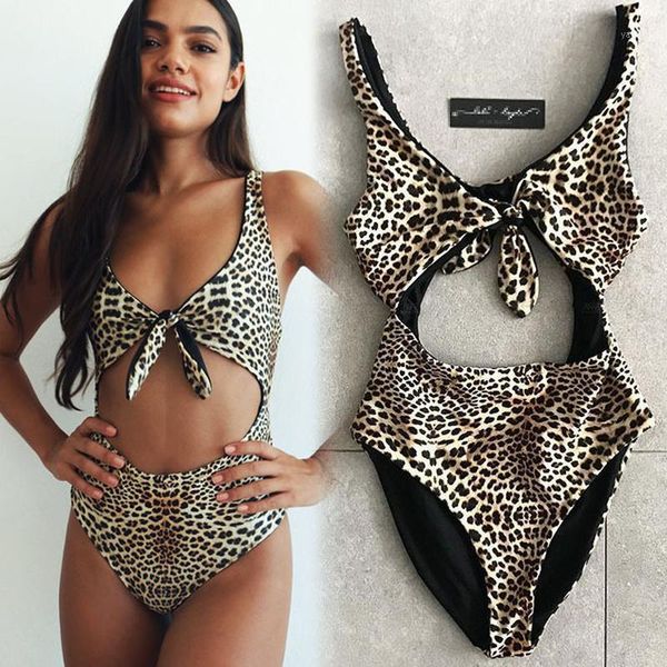 

women's swimwear bikini 2021 one-piece swimsuit women leopard-print biquini chest knotted hollow leopard print high waist sw181, White;black