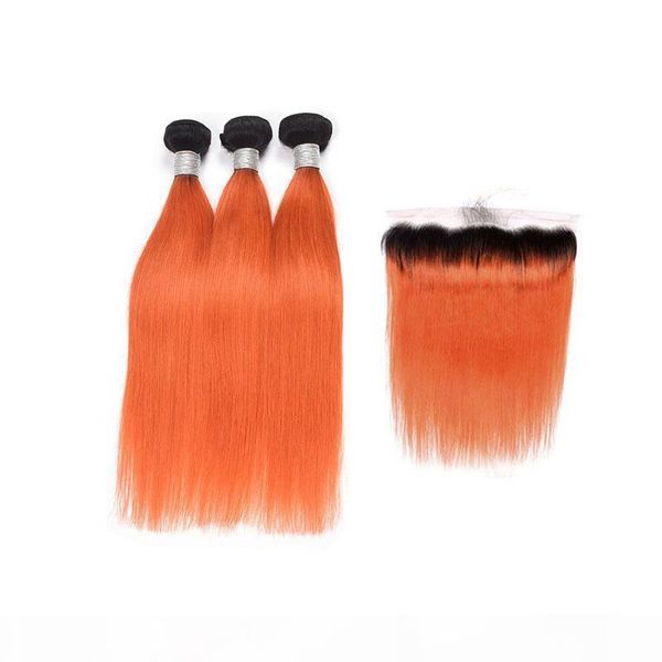 

malaysian human hair 1b orange two tones color silky straight 3 bundles with 13x4 lace frontal with baby hair straight 4 pieces, Black;brown