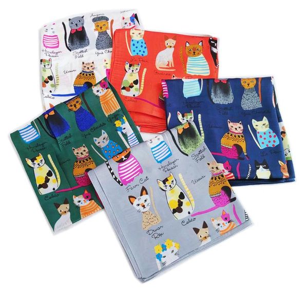 

scarves fashion cat printing silk square scarf 90*90cm women neck hair tie band bag warp soft neckerchief hijab headscarf foulard, Blue;gray