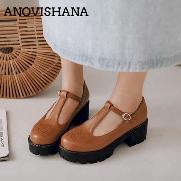 

anovishana round toe pu leather shoes thick high heel pumps retro 2021 t strap lolita platform shoes buckle footwear sapatos960, Black