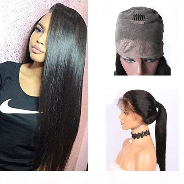 

brazilian 360 full lace frontal human hair wigs with baby hair pre plucked 150 density straight 360 lace frontal wig for black women, Black;brown