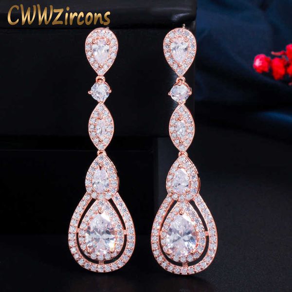 Rose Gold Farbe Luxus Lange Baumeln Runde Wasser Tropfen Elegante CZ Ohrringe für Frauen Braut Hochzeit Schmuck Kleid CZ766 210714