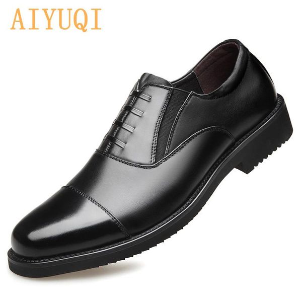 

dress shoes aiyuqi formal men business real leather casual male shoe fashion all-match set foot work round toe loafers, Black