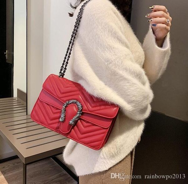 

factory wholesale women bag elegant atmosphere wave pattern chain bags fashion lingges leather handbag classic lingge chains dionysia, Black;red