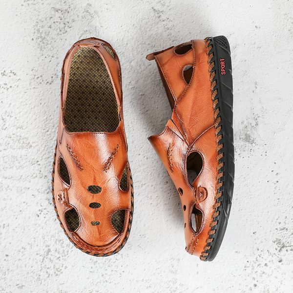 

slippers air permeable sandals men's leather casual foot covering cowhide hollow baotou outdoor hole shoes beach nagu, Black