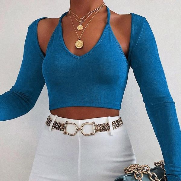 

women's blouses & shirts halter solid backless crop 2021 female long sleeve slim two piece set ladies hollow out black thin short b, White