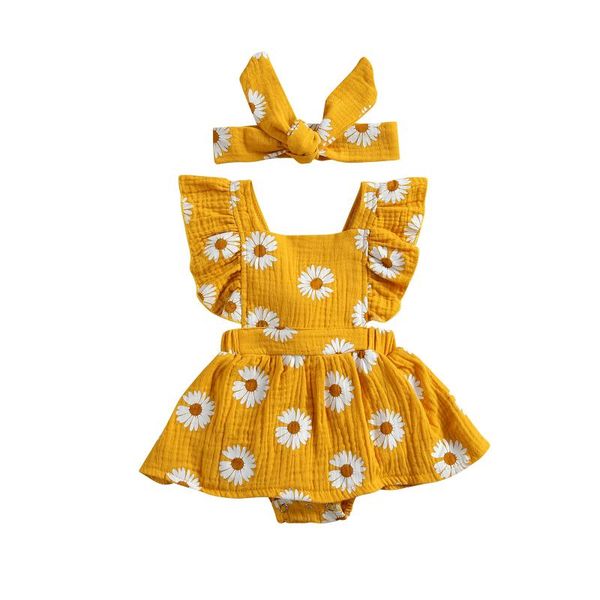 

clothing sets born baby girl daisy flower print bodysuit summer infant clothes ruffles sleeve jumpsuit with headband 0-24m, White