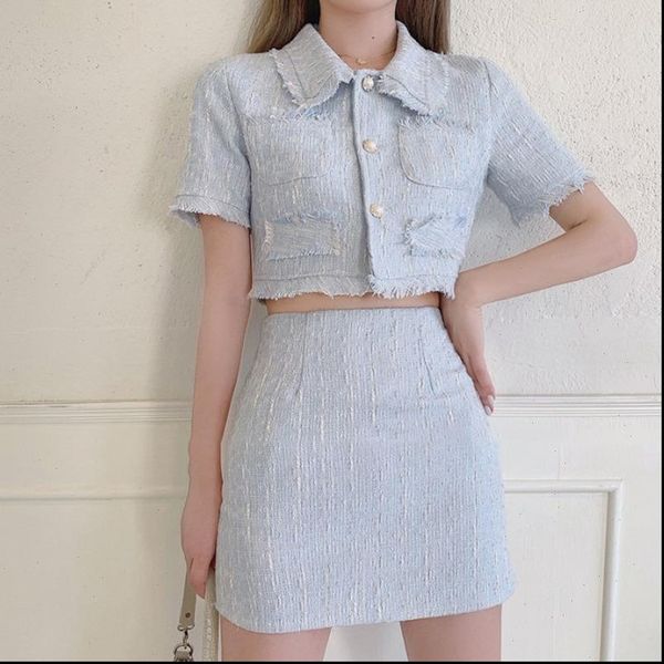 

female elegant skirt suit 2021 new fashion two piece set women crop mini skirt set two piece outfits, Gray