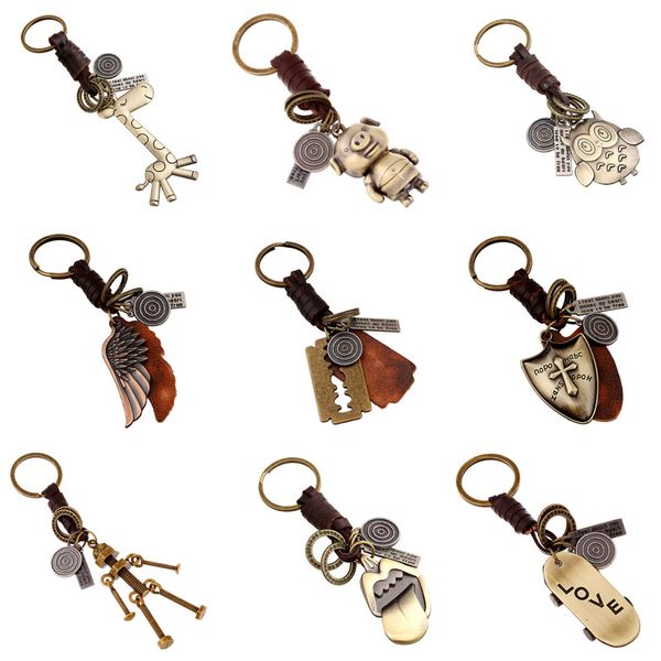 

modyle genuine leather keychain punk rock vintage animal feather robot key chains for man woman jewelry gifts, Silver