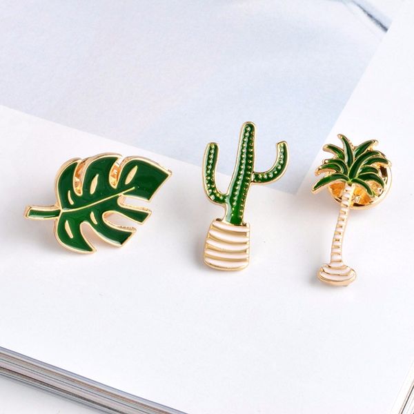 

cactus palm leaves plant tree natural lapel pin enamel brooch collar pins denim jacket sweater decor, Gray