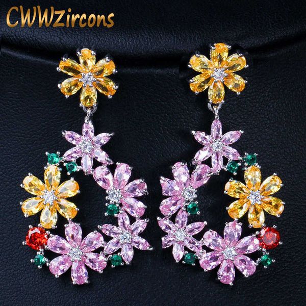 

grade stunning yellow pink cubic zirconia crystal cute big flower drop earrings for women wedding jewelry cz421 210714, Silver
