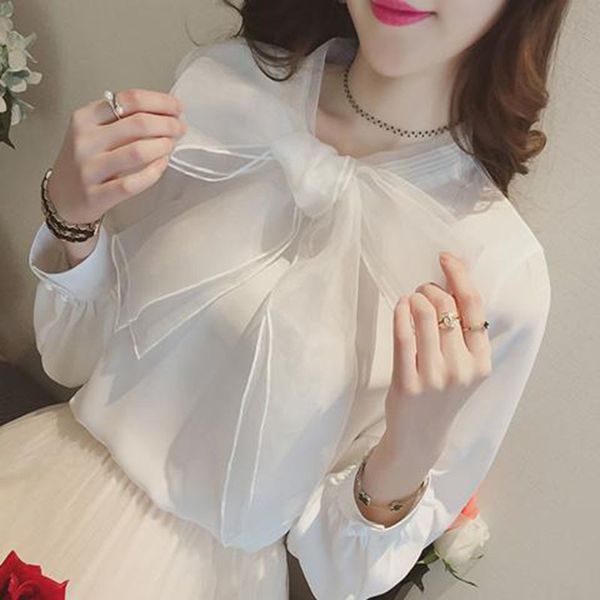 

summer elegant women long sleeve blouse shirt office white blouses ladies bow korean clothes femme blusas 210226, Black;gray