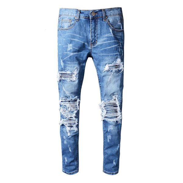 

2021 new men's blue pleated patchwork hole ripped biker jeans motorcycle casual slim ny distressed stretch denim pants trousers 0obo