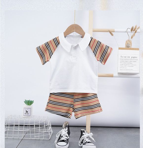 

Baby Boys Girls Clothing Sets Summer Kids Striped Turn-down Collar T-shirts+shorts 2pcs Set Children Outfits Boy Suits, As picture