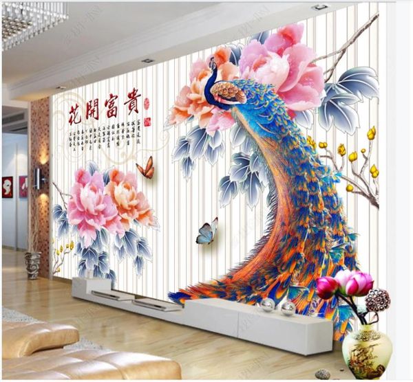 

wallpapers custom po wallpaper 3d murals wall papers modern flower jade carving peony peacock living room background