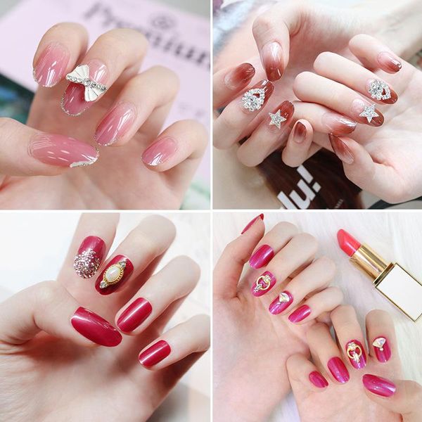 

false nails 24pcs butterfly pearl diamond wedding transparent glitter gems designed square full short fake art bride, Red;gold