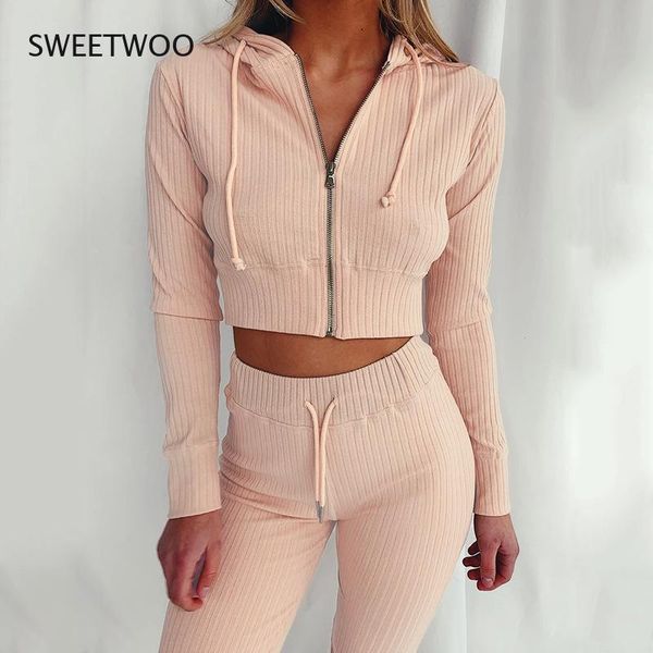 

gym clothing solid knitted women hooded 2 piece set loose long sleeve sweatshirt wide-legged elastic waist pants lady sets 2021 spring casua, White;black