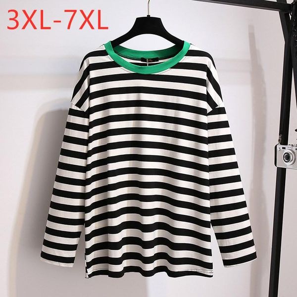 

plus size t-shirt spring autumn for women large loose long sleeve black white stripe cotton tee 3xl 4xl 5xl 6xl 7xl