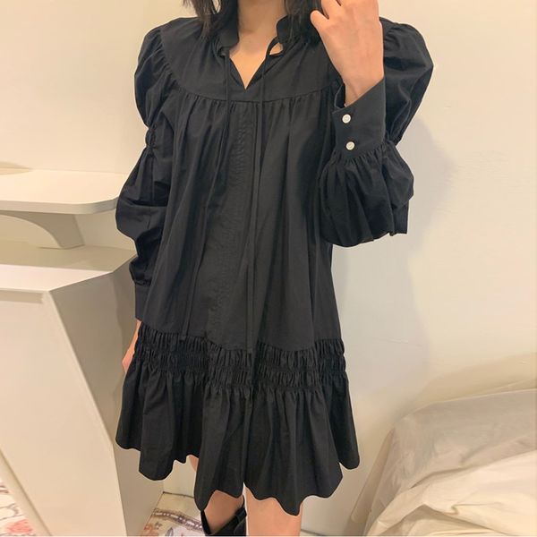 

black dress for women bow neck dresses short korean style fashion long sleeve clothing folds sashes casual dress 2021, Black;gray